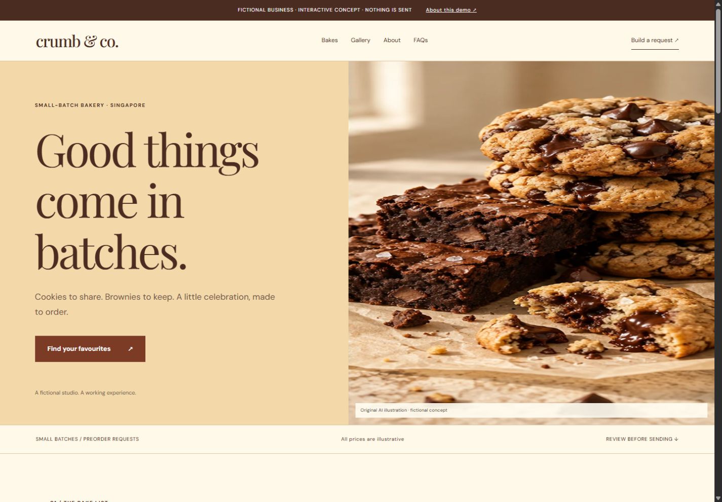 Actual rendered fictional Crumb and Co bakery website